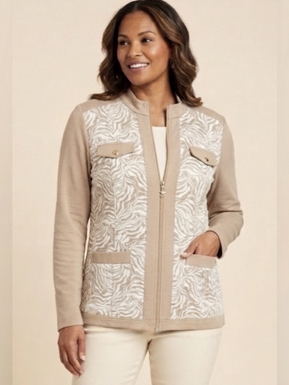 Susan Graver Weekend Taupe Animal-Print Zip Jacket